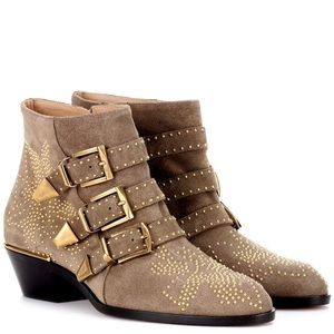 Chloe suede ankle short boot studded design greige